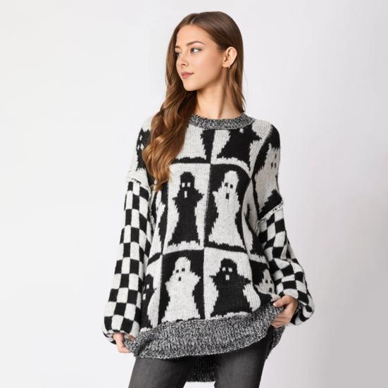Женский свитер с круглым вырезом и длинным рукавом, эластичный трикотажный топ, свободный крой, узор в клетку, пуловер, топы, трикотаж