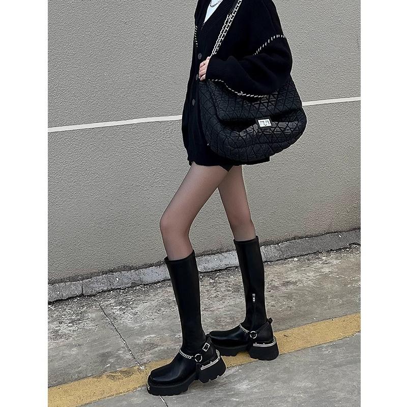 Sexy Tall But Knee-thin Boots Women's Autumn and Winter New Thin Thick Heel Metal Square Head Knight Boots