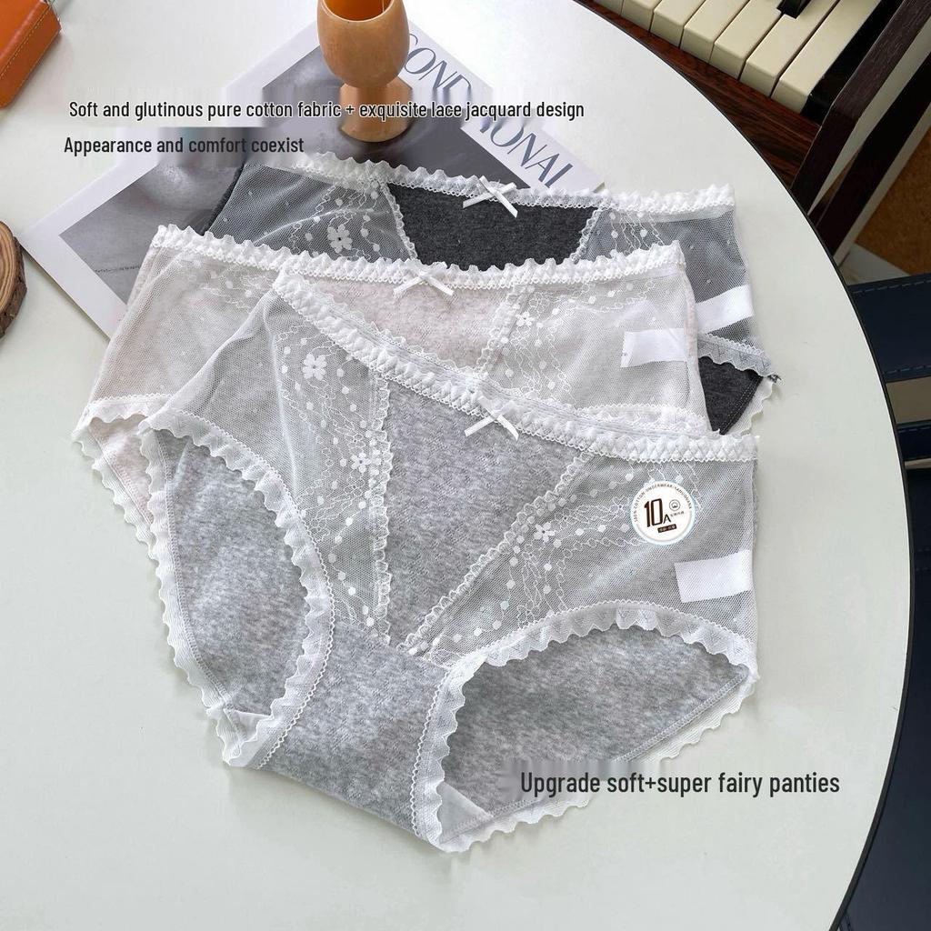 10A Antibacterial Korean Lace Sexy Girl's Cotton Panties with Silk Crotch - Mid-Rise Triangle Fit
