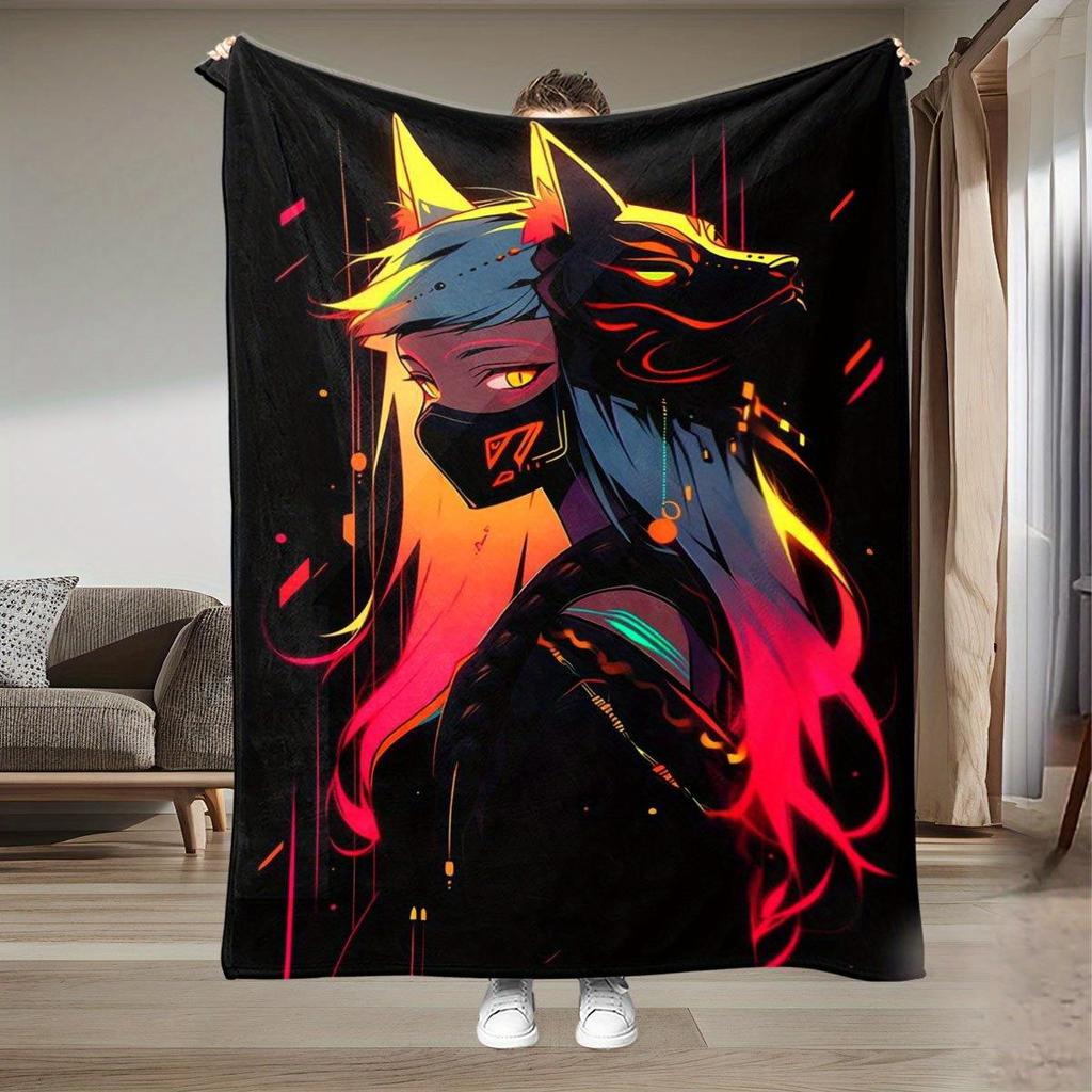 Cyberpunk Wolf Lady Anime Blanket - Decorated with neon colors - Soft and warm, perfect for the office, suitable for all seasons