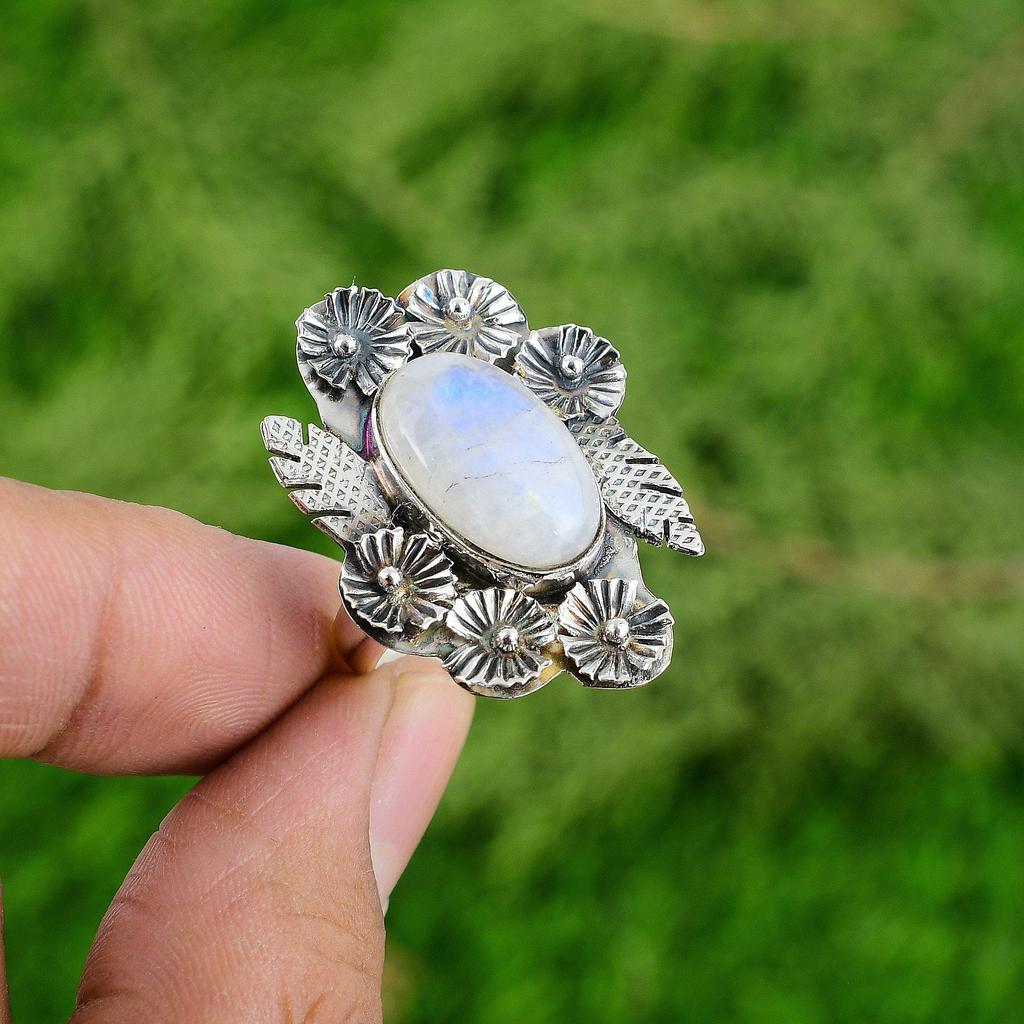 Natural Rainbow Moonstone 925 Silver Promise Flower Adjustable Ring For Girls
