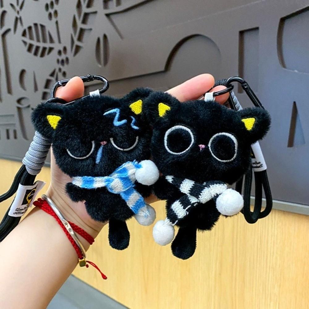 Stripe Scarf Black Cat Plush Keychain Soft Car Key Ring Doll Bag Pendant  School Bag Decoration