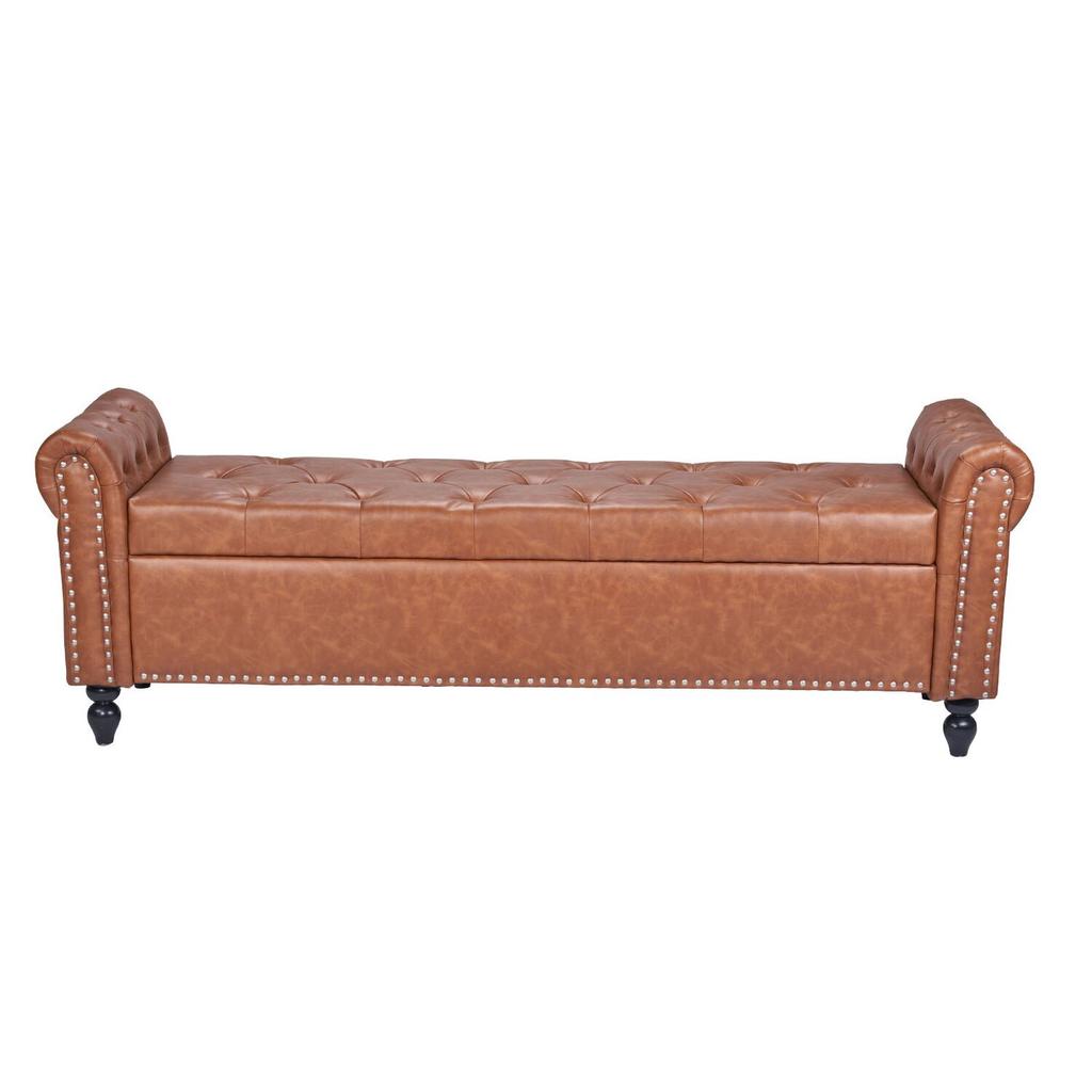 Button-Tufted Storage Ottoman Bench, Rolled Arm PU Leather Bench with Solid Wood Legs, Modern Shoe Benches Seat for Entryway, Upholstered End of Bed