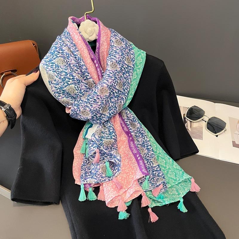 Тонкий хлопково-льняной шарф для женщин на весну и лето, этнический стиль, шарф с кисточками, дорожная шаль, пляжное полотенце, дышащий, мягкий