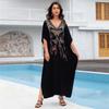 2024 Black Plus Size Kaftan Butterfly Embroidered Robe V-neck Bat Sleeve Women Beach Dress Swimwear Coverup Cozy Homewear Q1703