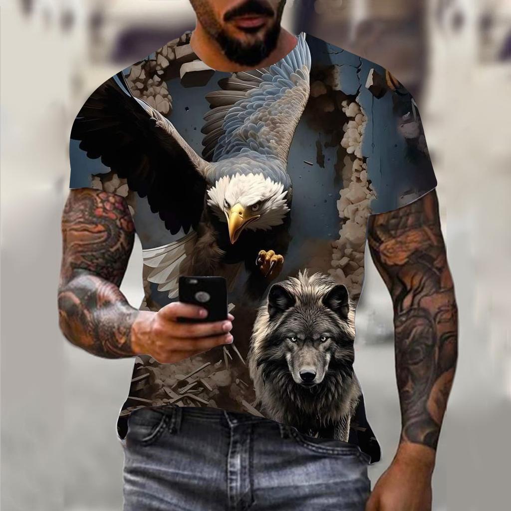 Fun 3D Animal Eagle Print Men's T-shirt Hip Hop Trend Street Casual Round Neck Short Sleeve Loose Top