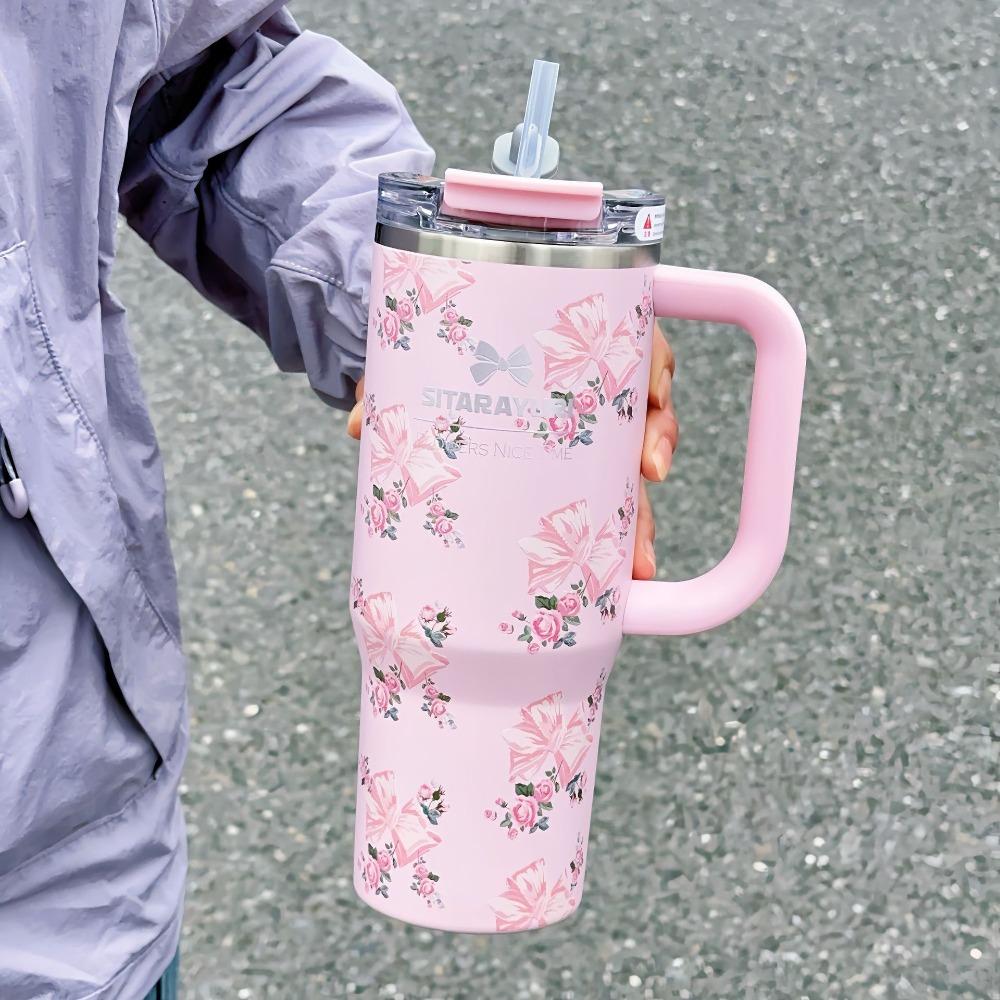 Кружка с трубочкой 40 унций из нержавеющей стали 304, автомобильная кружка для льда, кружка-термос с бантом