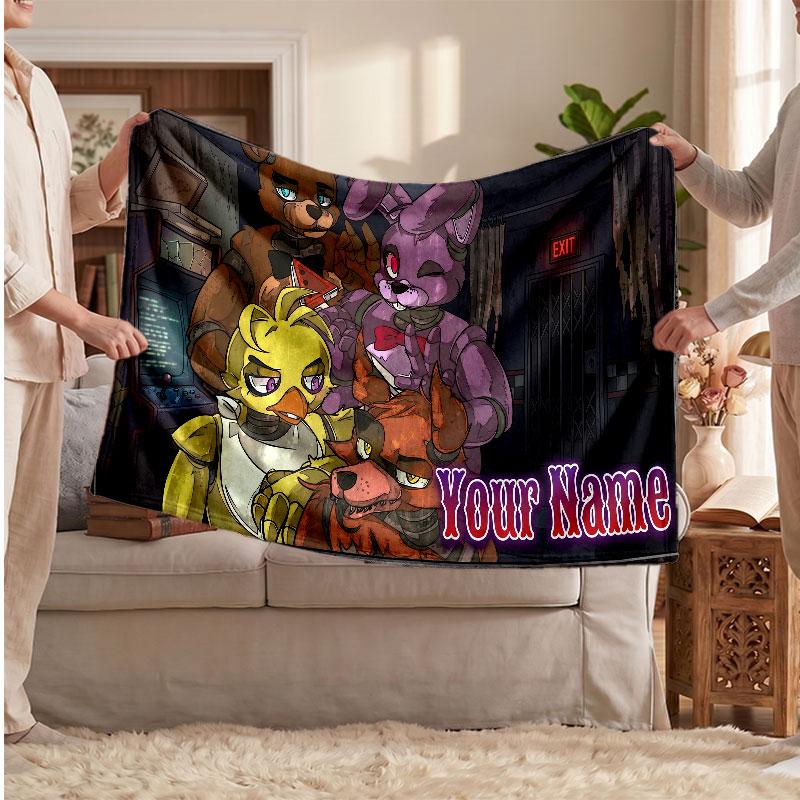 Five Nights at Freddy’s Personalized Flannel Blanket, Custom Printed Text Name, Warm Soft Blanket For Couch Bed