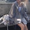 Fall Winter Loose Korean Oversized Gray Hoodie Thin Fleece Jacket Women Zipper Outerwear Top