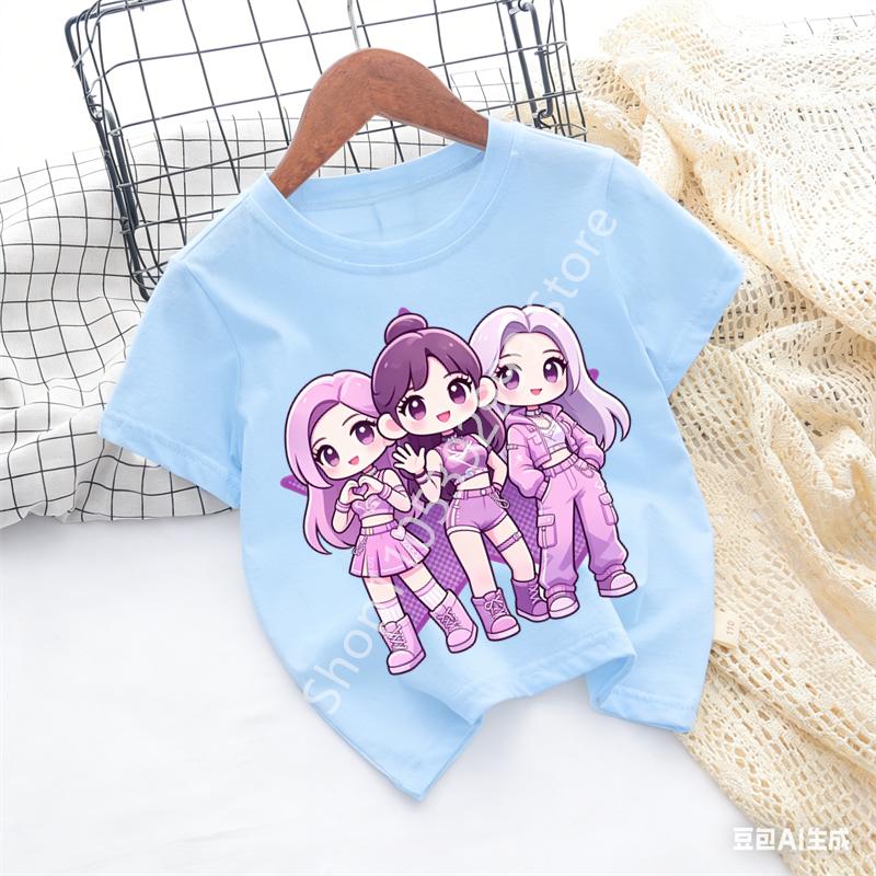Girls KPOP Idol Group Print Short Sleeve Boys and Girls TShirt Cute Cartoon Graphic Tee Kids Summer Casual Top