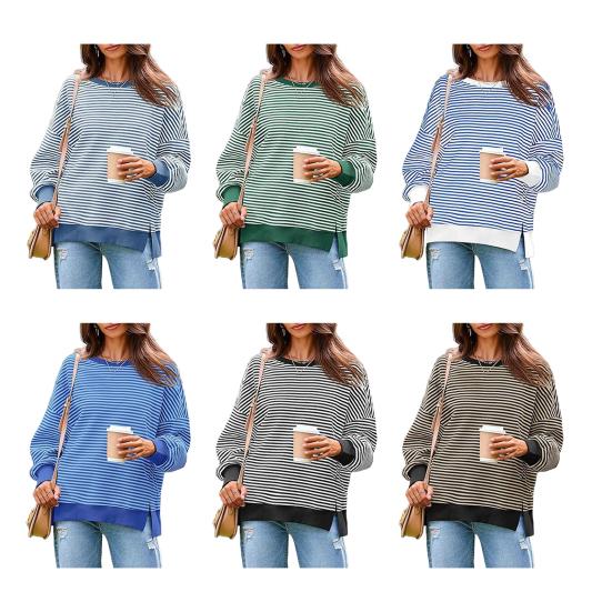 Women Striped Oversized Sweatshirt Long Sleeve Crewneck T-Shirt Split Hem Waffle Knitted Tunic Top Casual Fall Sweater