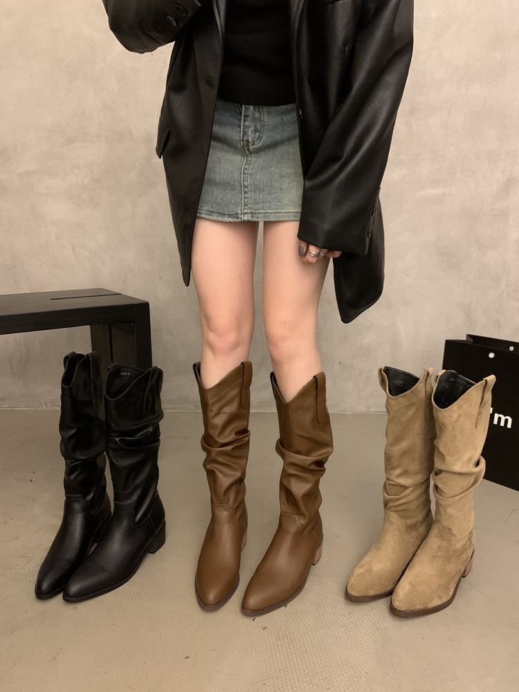 Длинные рыцарские сапоги на толстом каблуке с плиссировкой женская обувь 2025 новая осень-зима западные тонкие длинные сапоги