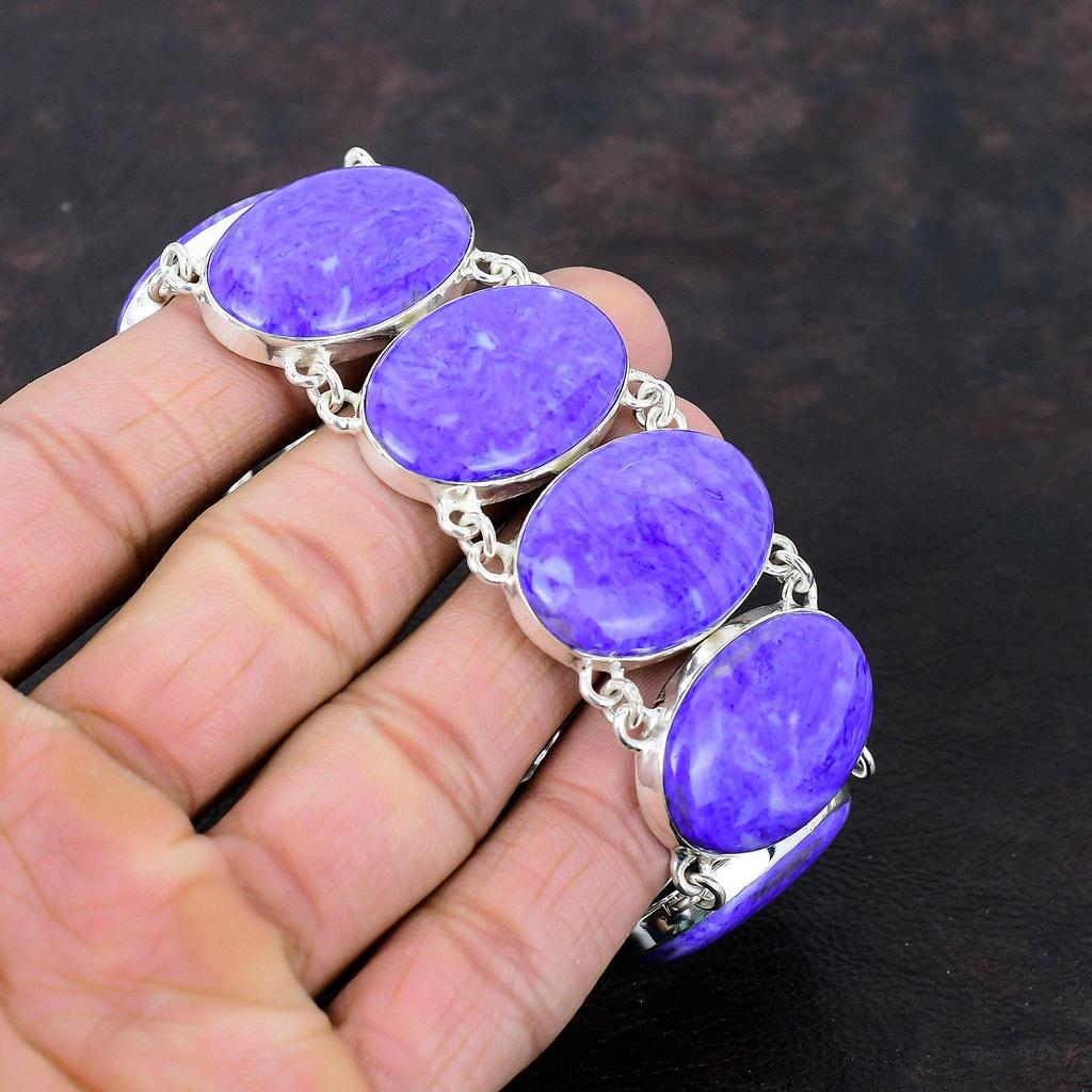 Браслет из чароита Оригинальный драгоценный камень Ювелирные изделия ручной работы Удивительный браслет Браслет из стерлингового серебра 925 пробы Регулируемый браслет-цепочка Подарок на помолвку