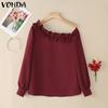 Women Long Sleeve One Shoulder Ruffled Patchwork Casual Blouse Shirts