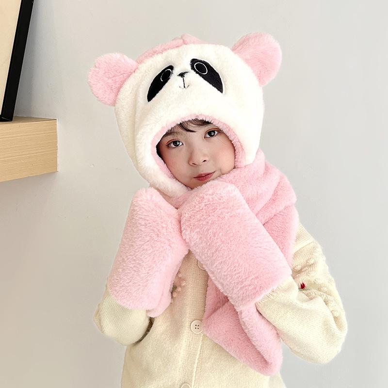 Children's Plush Winter Hat Set: Three-Piece Scarf, Gloves, and Ear-Protecting Cap