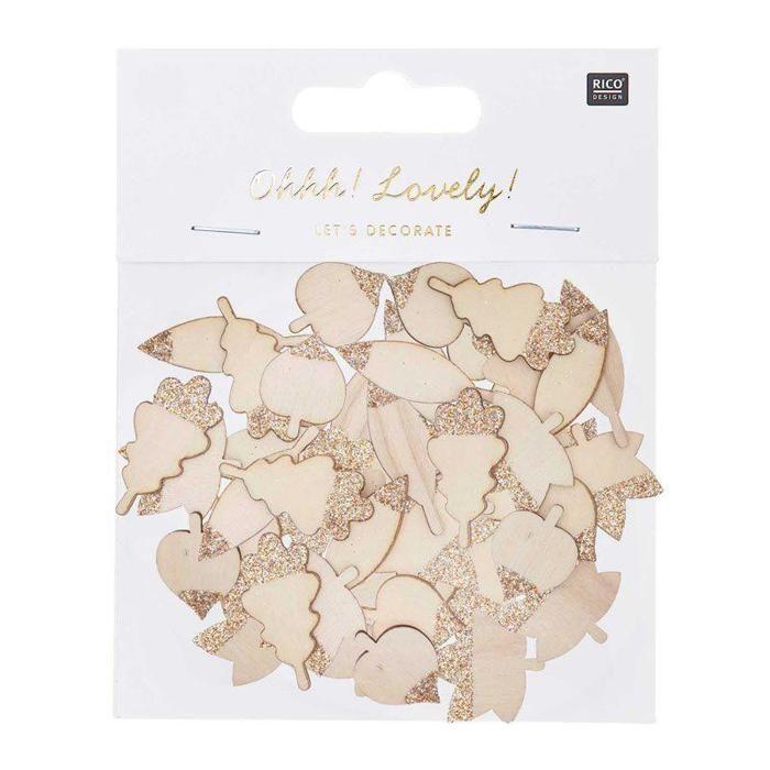 48 Wooden Silhouettes Glittery Leaves