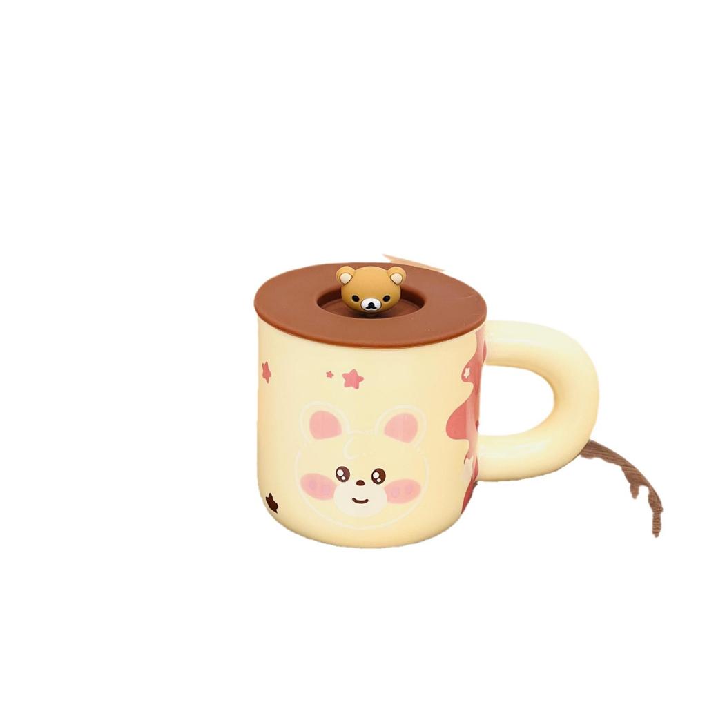 New Cartoon Ceramic Cup with Lid Bear Mug Household Set Water Cup High Value Large Capacity Cup