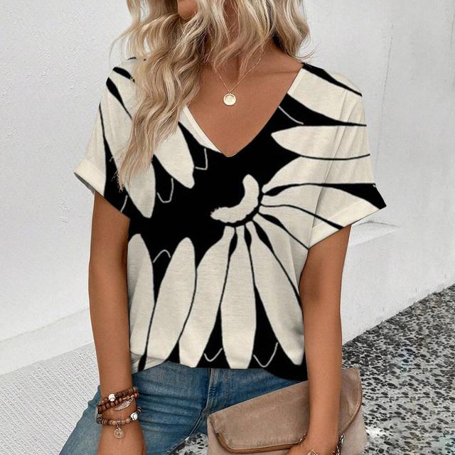 Футболка с V-образным вырезом для лета Женская футболка с ретро-цветочным принтом Модная футболка с принтом Элегантная футболка с короткими рукавами