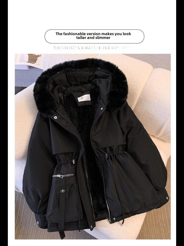 Korean Style Women's Velvet Cotton Parka Mid Length Hooded with Large Fur Collar Slimming Waist Plus Size Warm Autumn Winter Coat