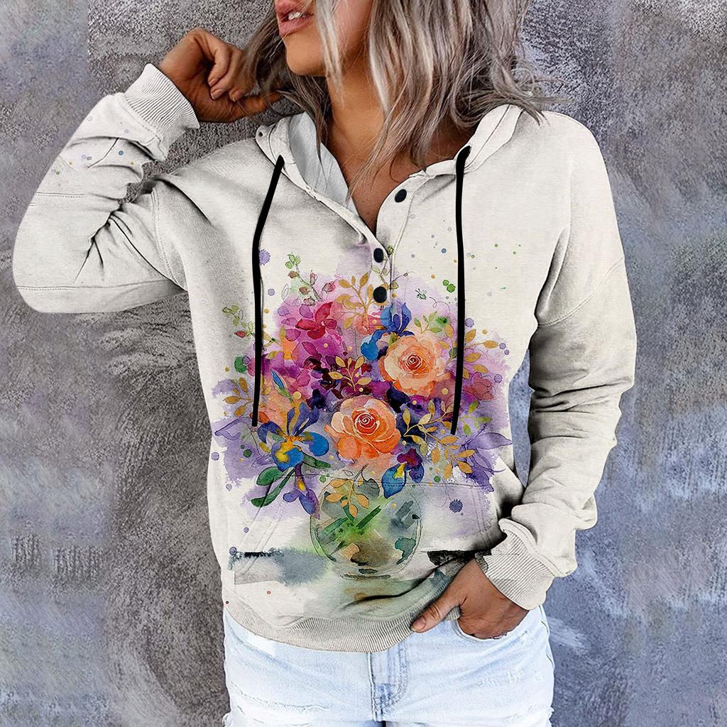 Женский повседневный модный пуловер с длинным рукавом и цветочным принтом, топ с капюшоном