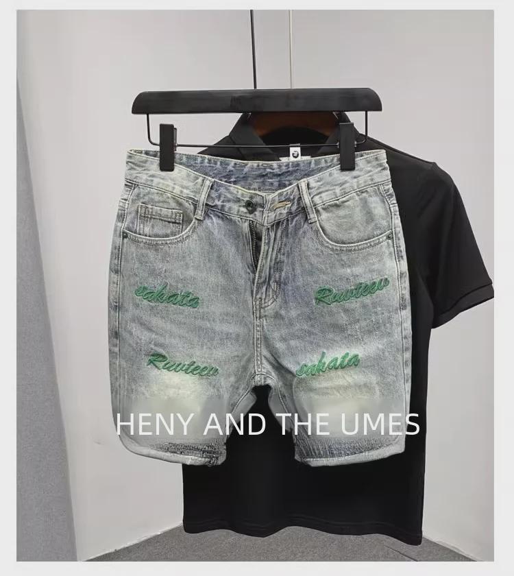 Модные зеленые облегающие мужские джинсовые шорты с вышивкой, летняя коллекция 2023 г.