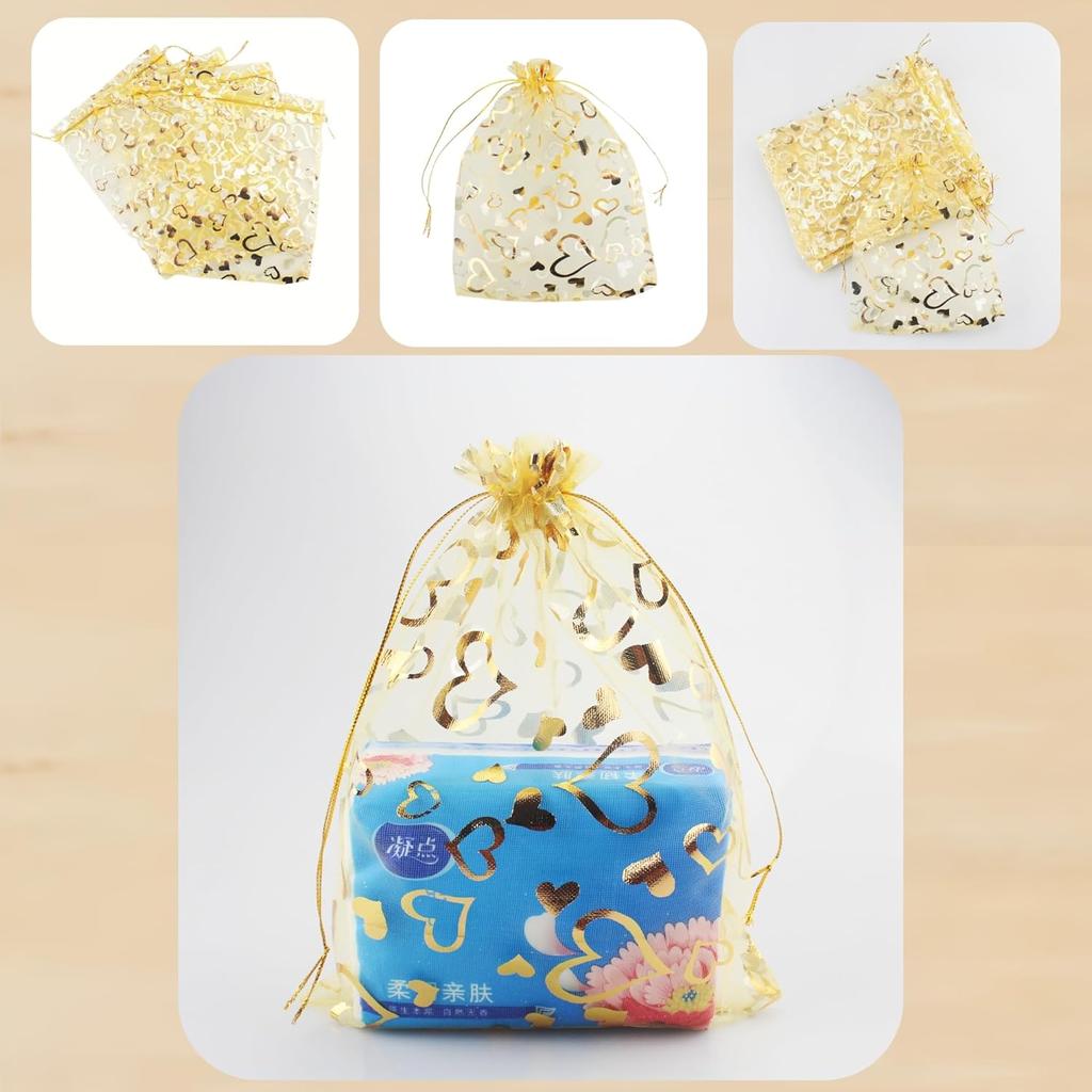 QIANHAILIZZ 100 шт. 18x23 см Мешочки с завязками Цветок Сердце Органза Мешочек для украшений Подарочный мешочек Мешочек для конфет Мешочки с завязками для свадебных сувениров (золотое сердце)