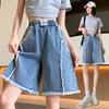 Шорты из искусственного денима, женские укороченные шорты, летние, тонкие, широкие, прямые, свободные, с узкой талией, с высокой талией, для студенток, повседневные