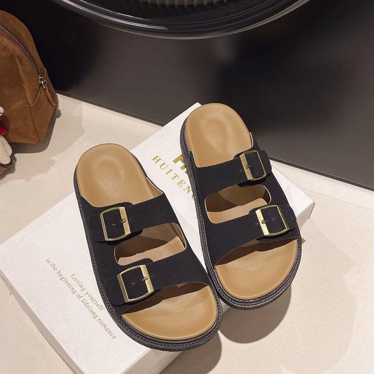 Thick-soled Cool Slippers for Women To Wear Summer New Retro Leather Buckle One-word Slippers Beach Casual Sandals