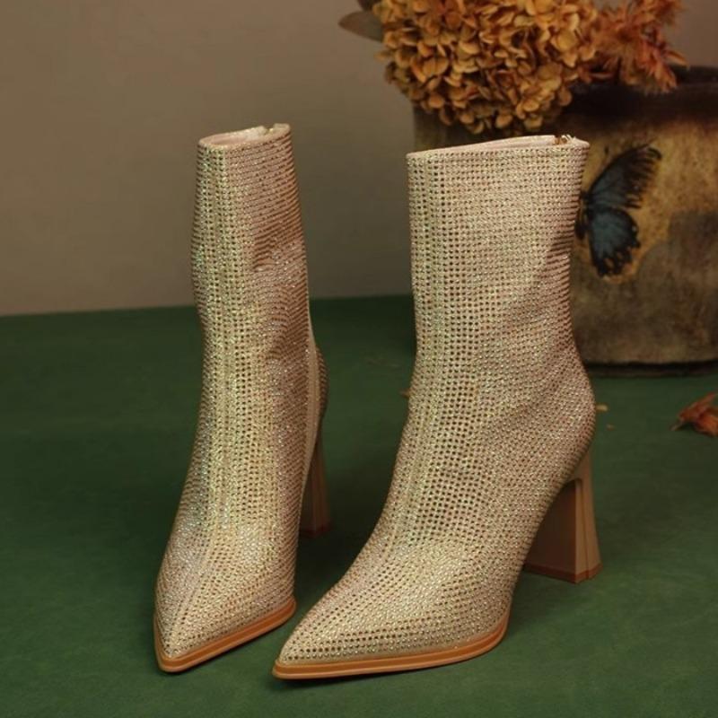 Женские ботильоны на высоком каблуке с кристаллами, роскошные туфли с острым носком, новинка зимнего тренда, элегантные туфли для вечеринок, модные туфли Chelsea Botas Mujer