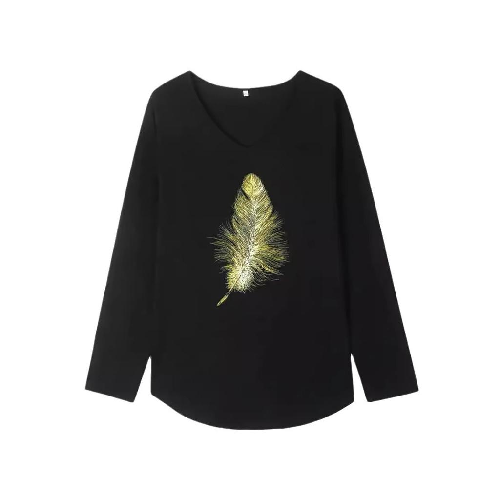 Animal Letters Feather Moon Printed 3D T Shirts Plus Size Black Tees Women Fashion V Neck Long Sleeve T Shirt