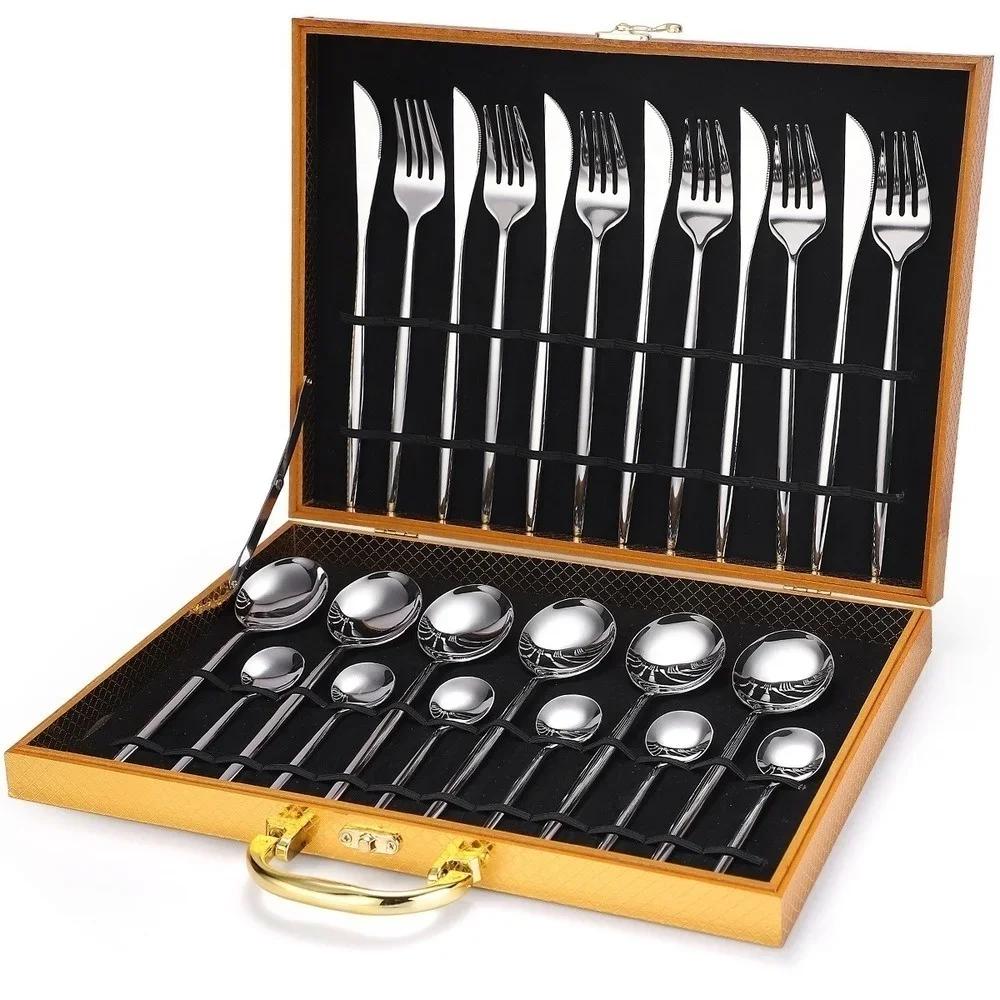 24pcs Dinnerware Set Stainless Steel Tableware Set Luxury Fork Spoon Knife Gold Silver Cutlery Gift Box Kitchen Accessories