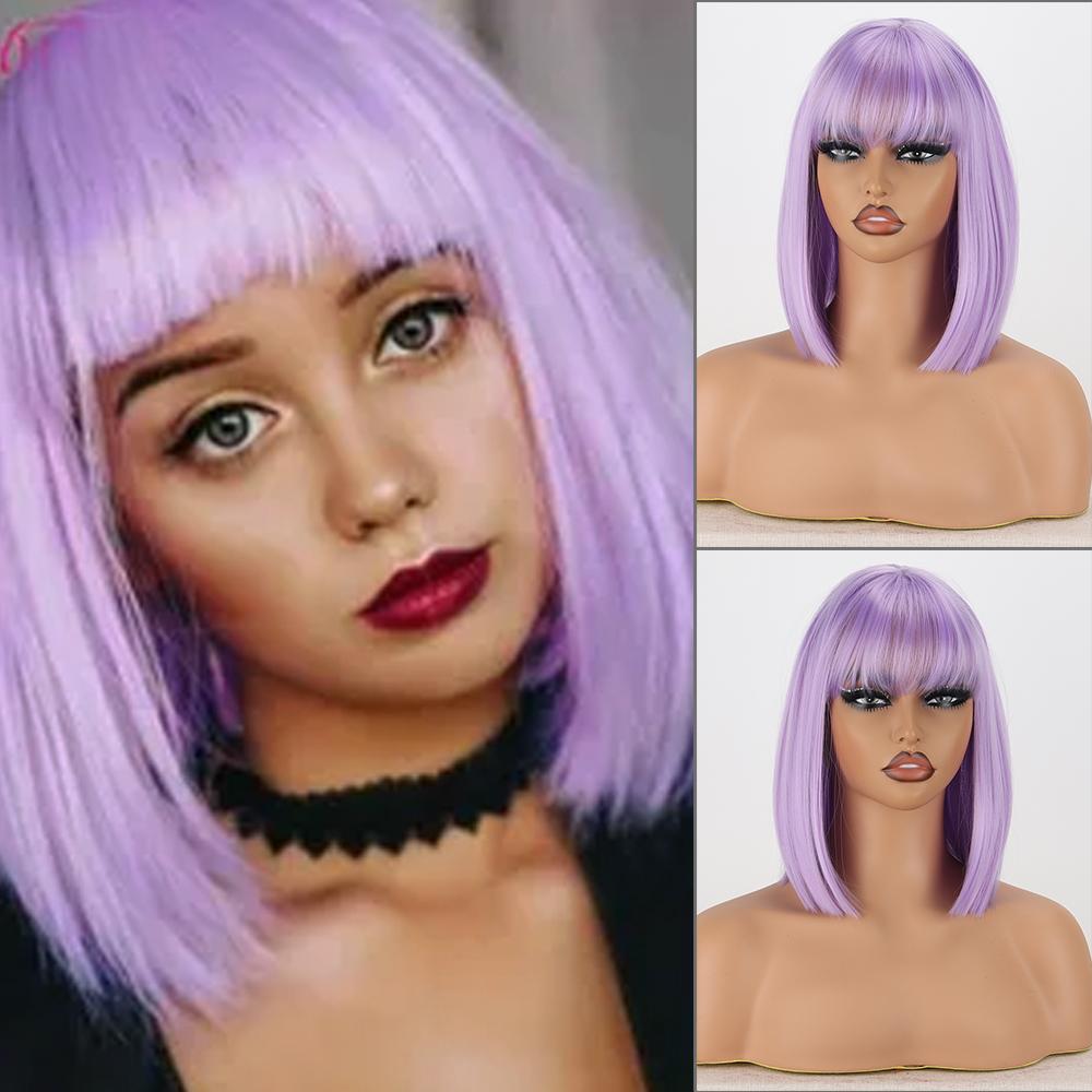 MERISIHAIR Women Short Straight Brown Bob Wig with Bangs Synthetic Fiber Natural Straight Shoulder Length Wig Daily Wear