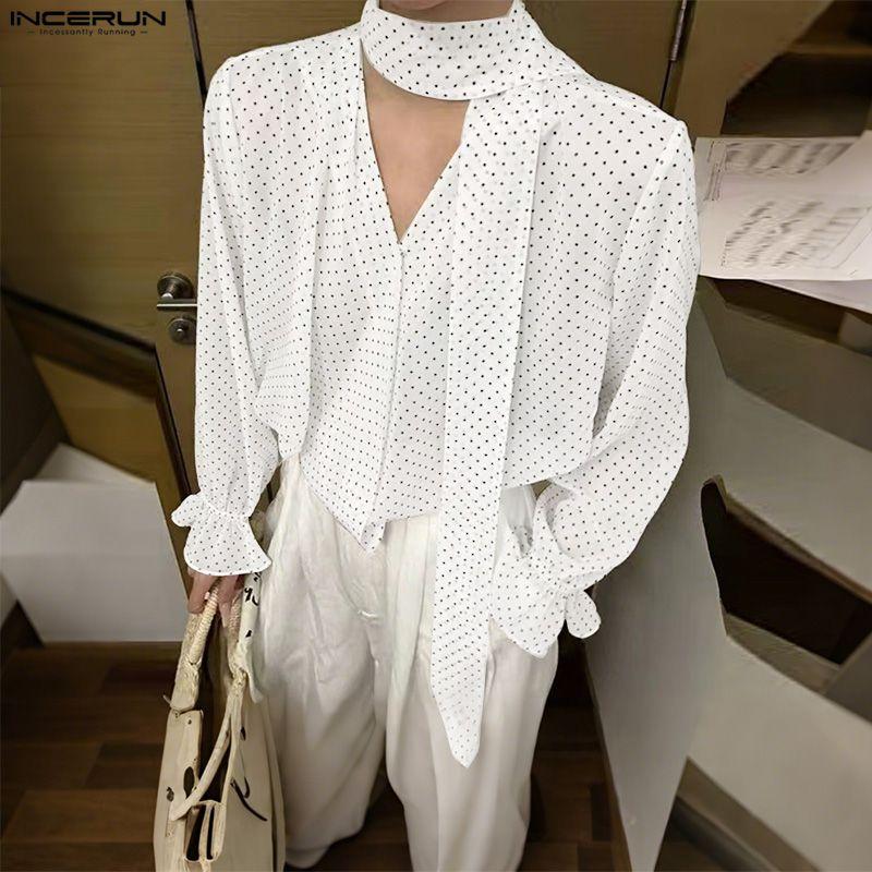 INCERUN Мужские блузки с длинным рукавом, полупрозрачные, в горошек, оверсайз, повседневные