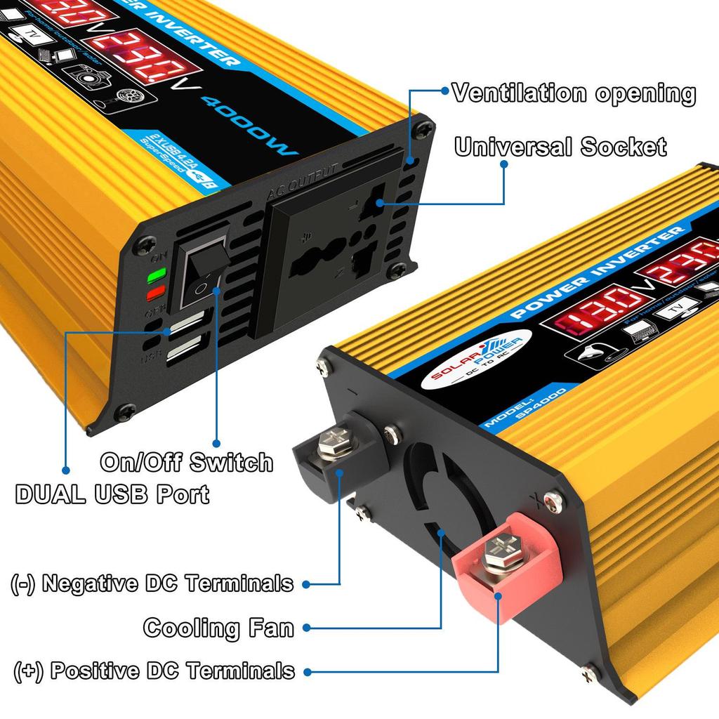 Автомобильный инвертор DC12V в AC220V: Модифицированная синусоида, Светодиодный дисплей, Двойная быстрая зарядка USB, Совместимость с солнечными панелями