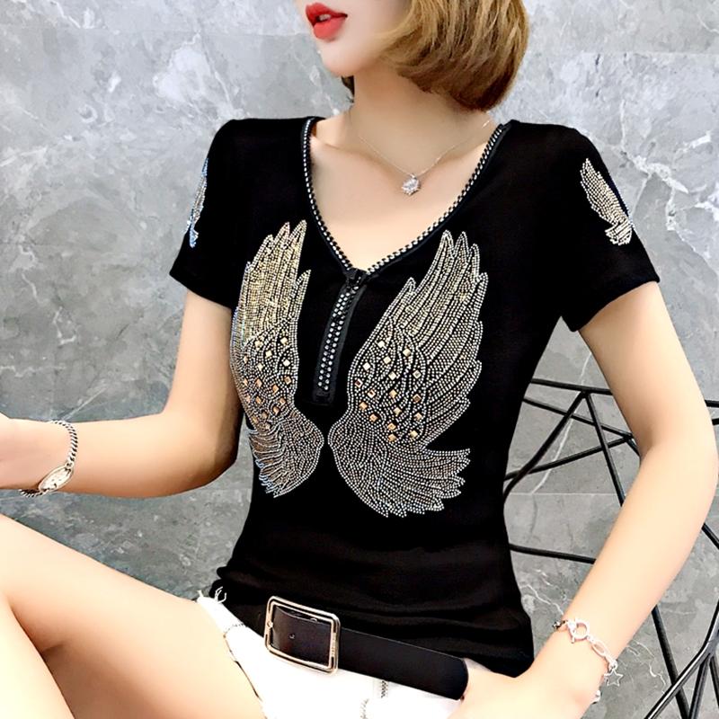 Уличная одежда Хип-хоп Футболка с коротким рукавом и крыльями Женская V-образный вырез Молния Сексуальная Бриллианты Повседневные Футболки Femme Бриллианты Хлопок Девушка Футболка Топы