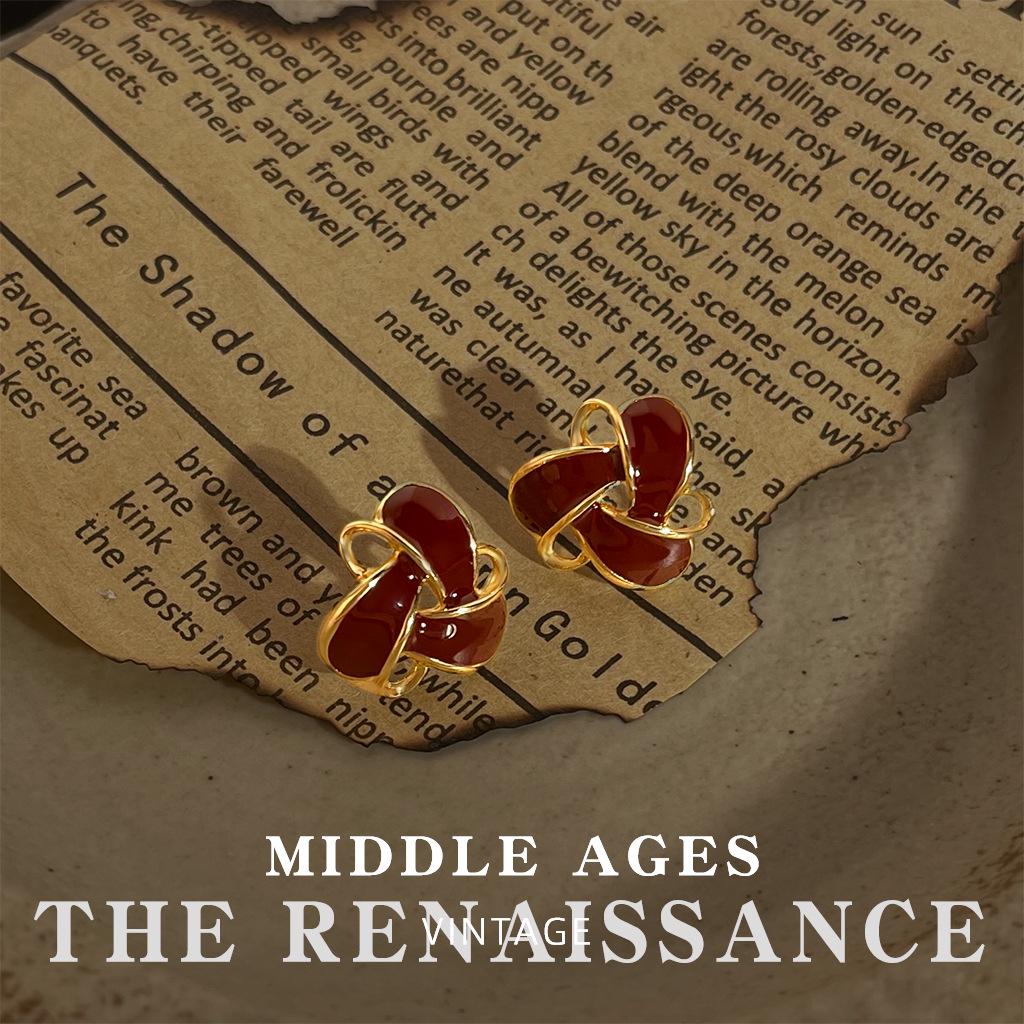 Vintage Burgundy Red Enamel Drop Earrings - Retro French Style Studs