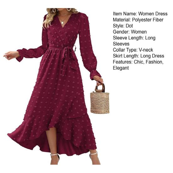 Long Sleeve Maxi Dress for Women V Neck Dot Design Boho Wrap Dress Casual Flowy Slit Wedding Guest Dress for Cocktail Party