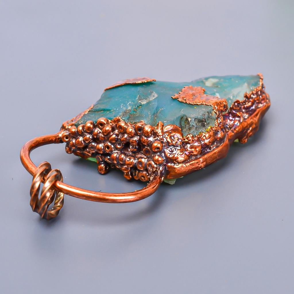 Зеленый Флюорит Необработанный Драгоценный Камень Медь Ар Деко Бохо День Рождения Новый Кулон Ювелирное Изделие V-4