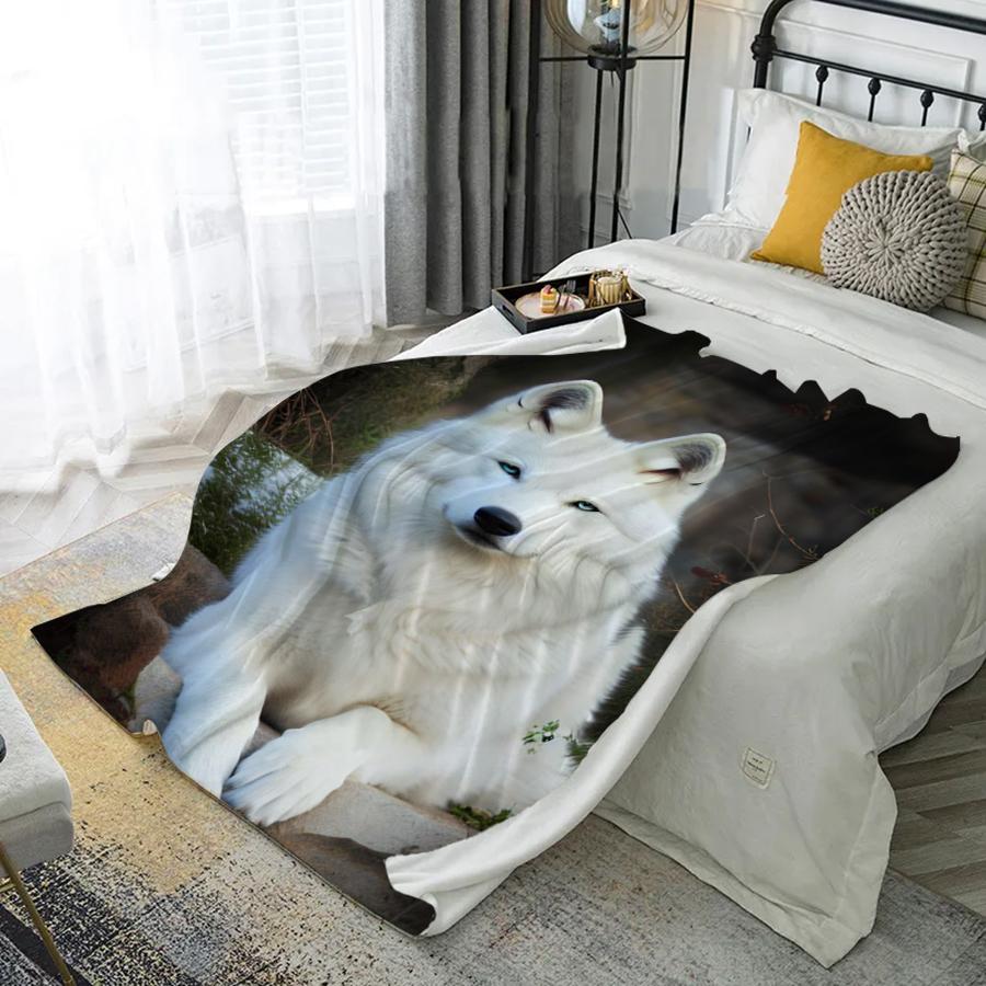 White Wolf Print Microfiber Flannel Cover Blanket Bedroom Living Room Sofa Soft And Comfortable Home Decoration