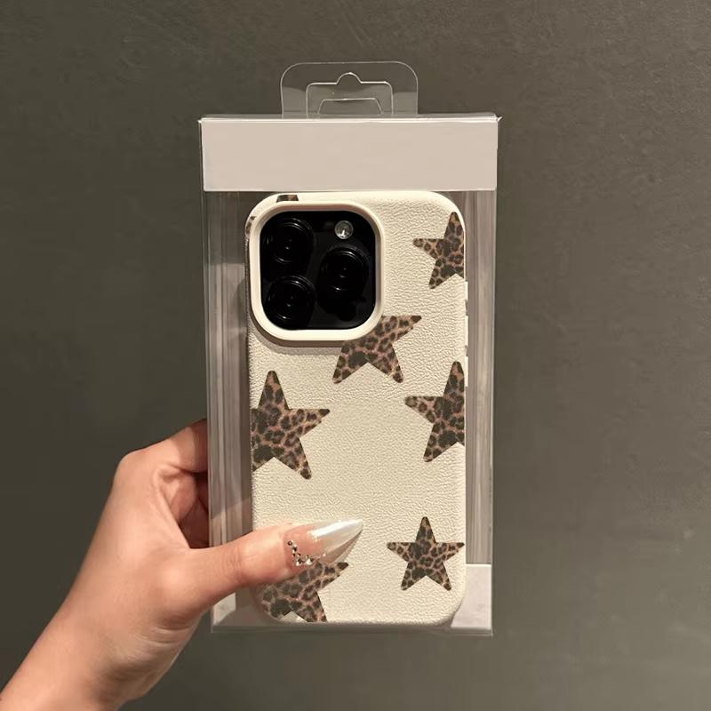 Leopard Print Stars Lychee Texture Phone Case For iPhone 11 12 13 14 15 16 17 Pro Max 17 Air 15 14 Plus X XS XR 16E Soft Cover