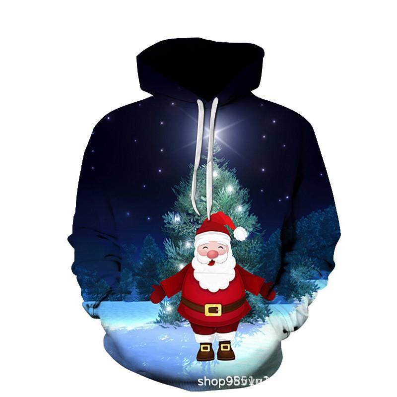 Mens Womens Christmas Santa 3D Digital Print Hooded Sweatshirt Loose Fit Winter Casual Top