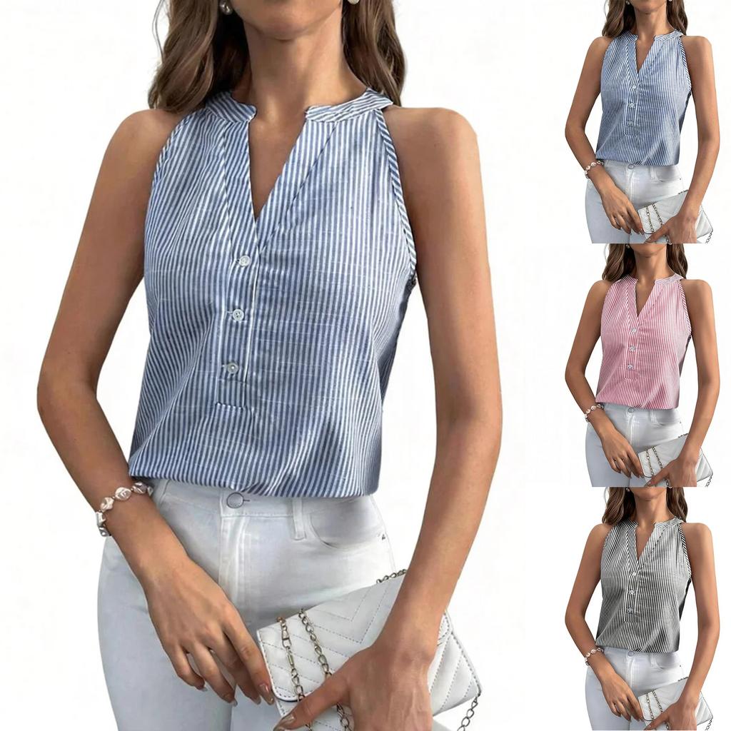 Женский модный полосатый топ без рукавов с V-образным вырезом на пуговицах