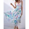 Foreign Trade Romantic Lady Sling Exquisite Printed V-neck Big Hemline Slimming Vacation Date Sweet Idyllic Beautiful Dress