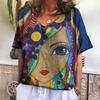2023 Summer Facial Art Iridescent 3d Abstract Painting Women's V-neck T-shirt Loose Casual Street Multi-color Top For Girls