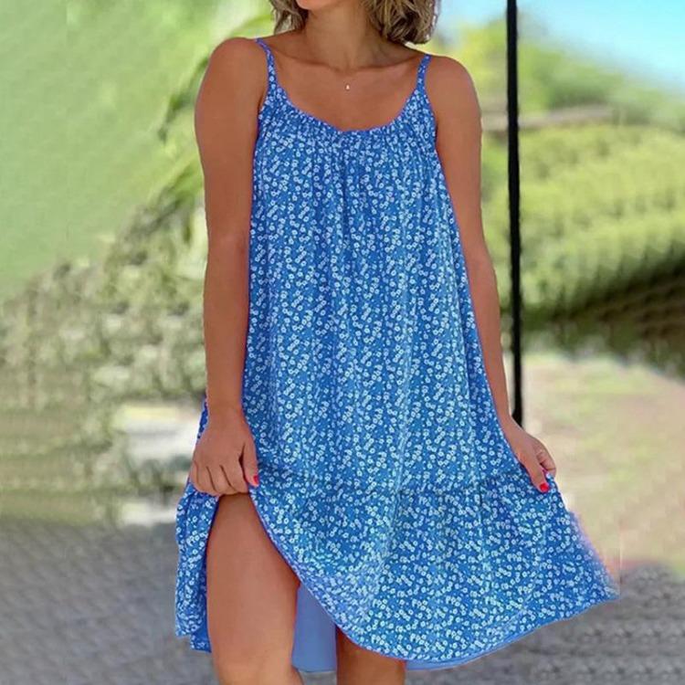 Floral Printed Women's Sleeveless A-line Polyester Beach Dress Loose