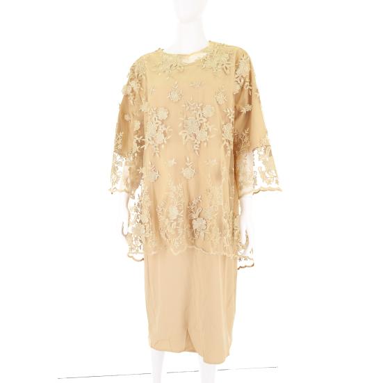 Lady Petticoats Plus Size O-neck High-Waist Plus Size Midi Dress Embroidery Lace 3/4 Sleeve Lady Evening Dress Female Clothing