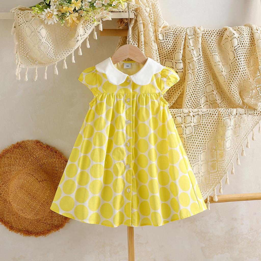 Платье для девочек 2-8 лет, 100% хлопок, желтое в горошек, с воротником Питер Пэн, летнее повседневное платье