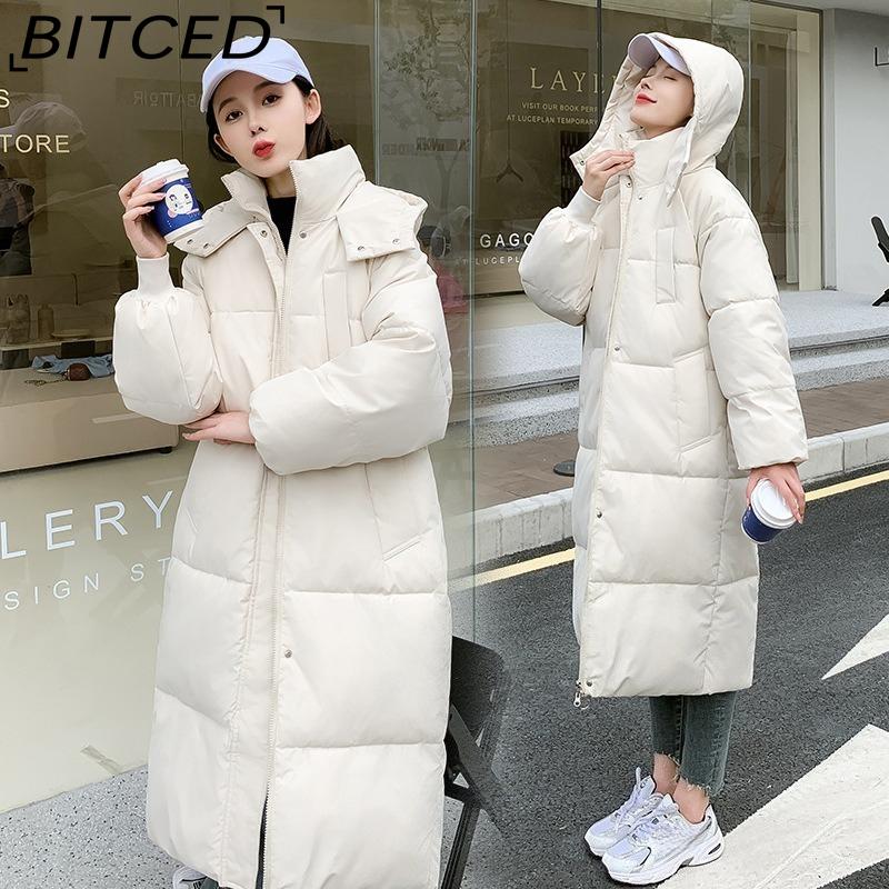 BITCED Long Down Jacket with Quilted Cotton Lining - Women's Loose-Fit Winter Coat - Thickened Cotton-Padded Outerwear