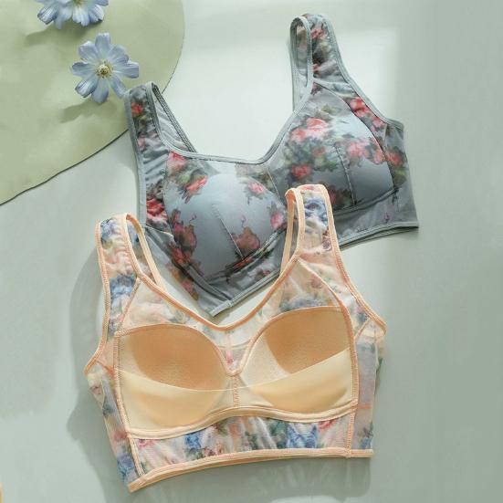 Женский бюстгальтер среднего возраста, бесшовный тонкий ледяной шелк, охлаждающий цветочный принт, беспроводной, не зацепляющийся, пуш-ап, бюстгальтер для повседневного ношения для мам