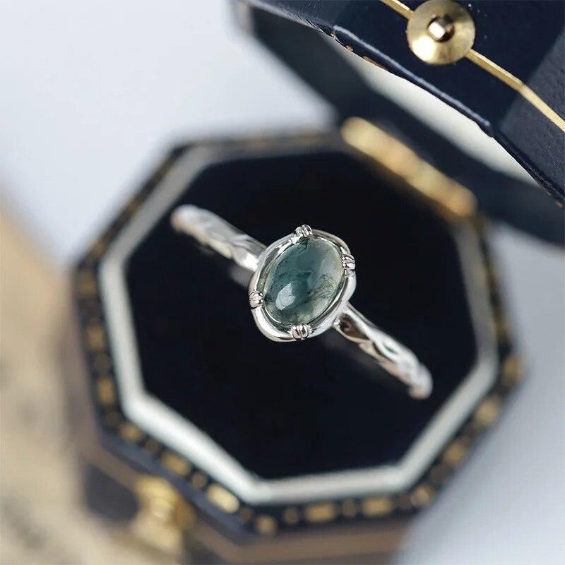 Простая текстура натурального камня, различные зеленые мох, трава, агат Vouple, кольцо с цветком для женщин, ветка, стерлинговое серебро, подарочные ювелирные изделия